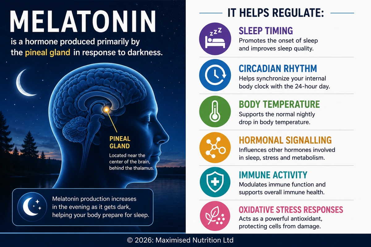 melatonin-infographic-webp Melatonin infographic explaining how the pineal gland produces melatonin in response to darkness and its role in sleep timing, circadian rhythm, body temperature, hormonal signalling, immune activity and antioxidant protection.