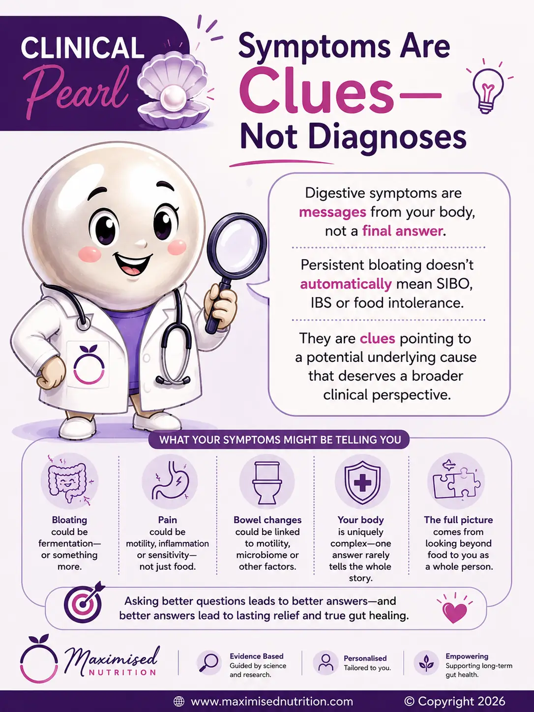 symptoms-are-clues-not-diagnoses-webp Clinical Pearl infographic explaining that digestive symptoms such as bloating, abdominal pain and bowel changes are clues rather than diagnoses and may require a broader clinical assessment.