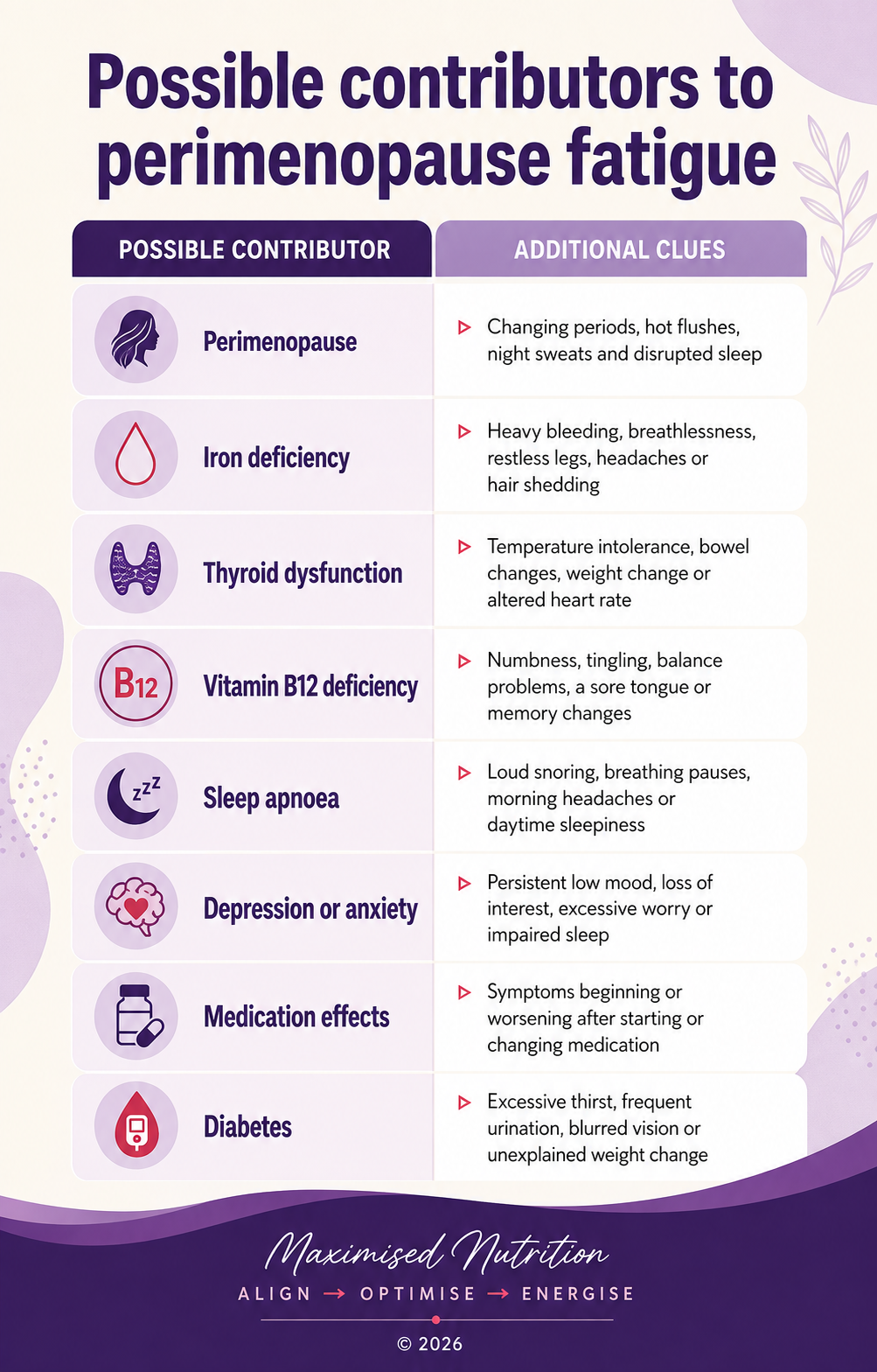 Possible Contributors to Perimenopausal Fatigue Table showing possible contributors to perimenopausal brain fog, including iron deficiency, thyroid dysfunction, vitamin B12 deficiency, sleep apnoea, anxiety, medication effects and diabetes.