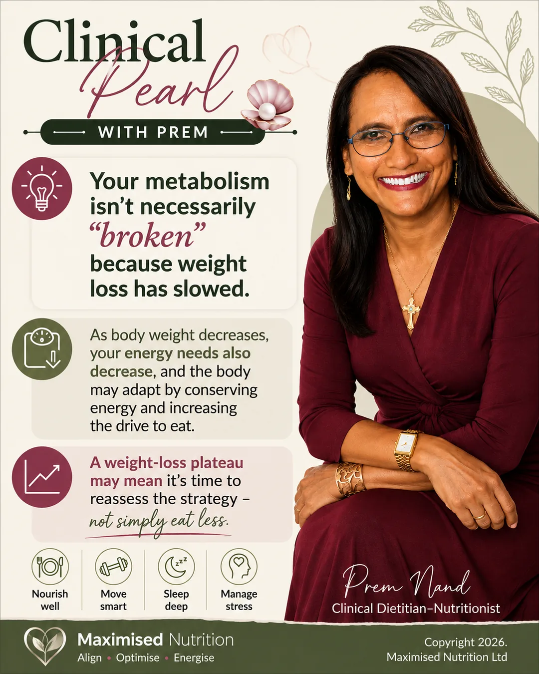 Your metabolism is not broken Your metabolism isn’t necessarily “broken” because weight loss has slowed.
As body weight decreases, your energy needs also decrease, and the body may adapt by conserving some energy and increasing the drive to eat.
A weight-loss plateau may mean it’s time to reassess the strategy — not simply eat less.
Prem Nand | Clinical Dietitian–Nutritionist
